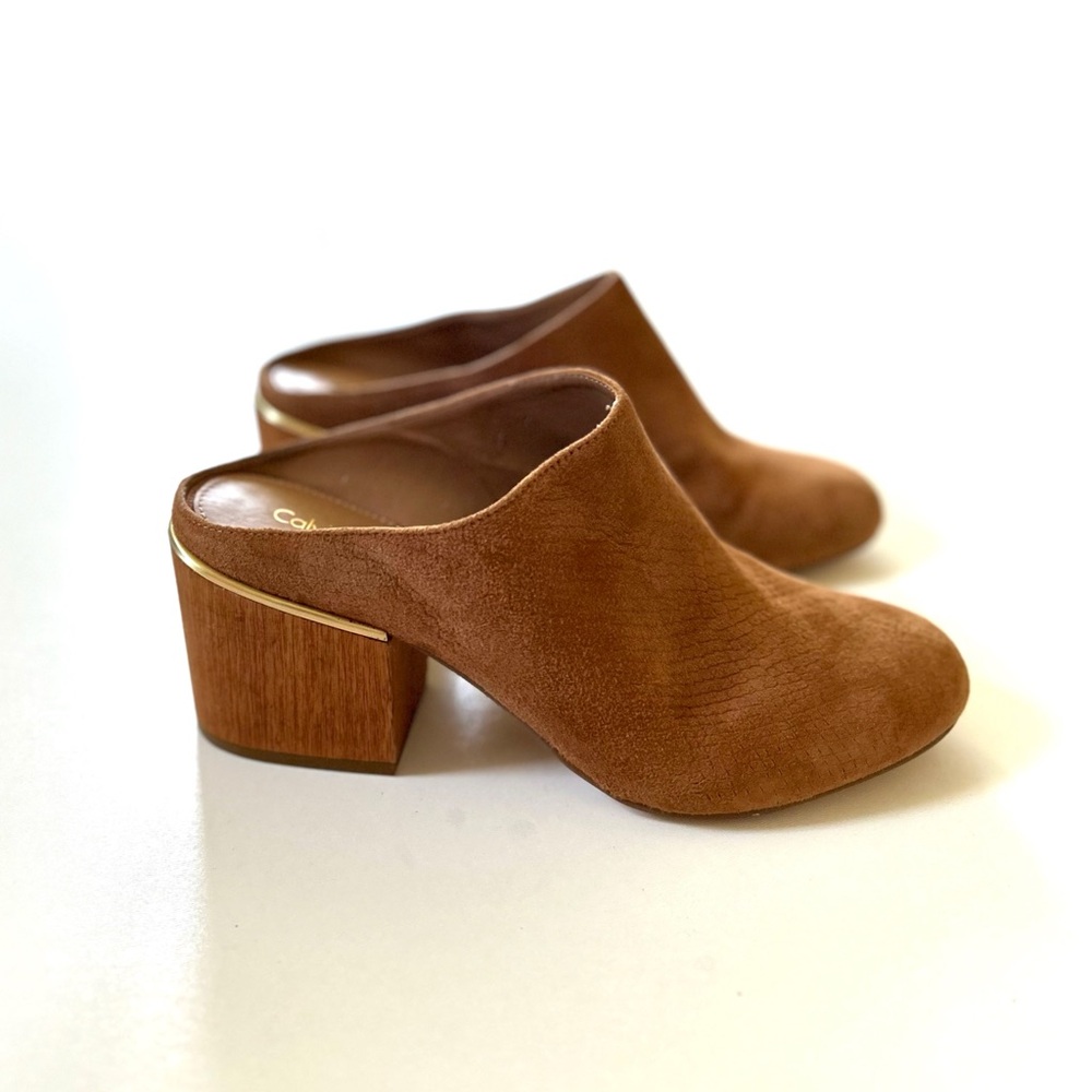 Calvin Klein Cognac Brown Leather Suede Snakeskin Embossed Heeled Judia Mules - Picture 11 of 11